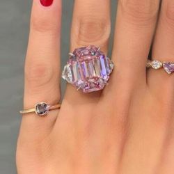 Three Stone Pink Emerald Cut Engagement Ring