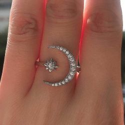 Crescent Moon & Star Adjustable Open Ring For Her