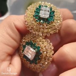 Flower Design Double Halo Emerald Cut Green Stud Earrings