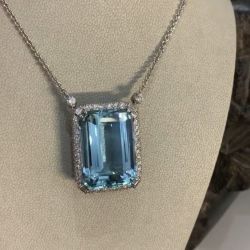 Halo Emerald Cut Blue Topaz Pendant Necklace