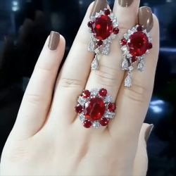 Ruby Round Cut Engagement Ring & Earrings Set